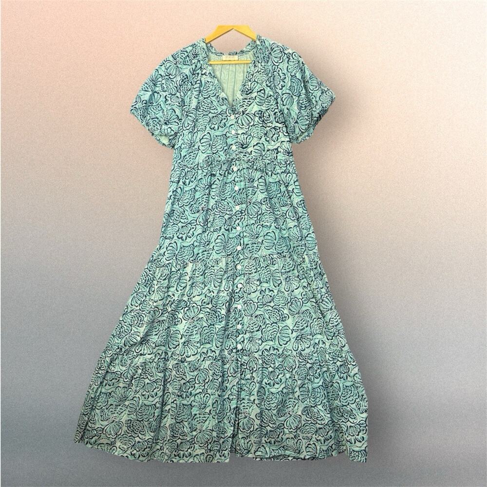 Banjanan Handmade Block Print Maxi Dress Small Aqua Blue Floral Tiered Cotton